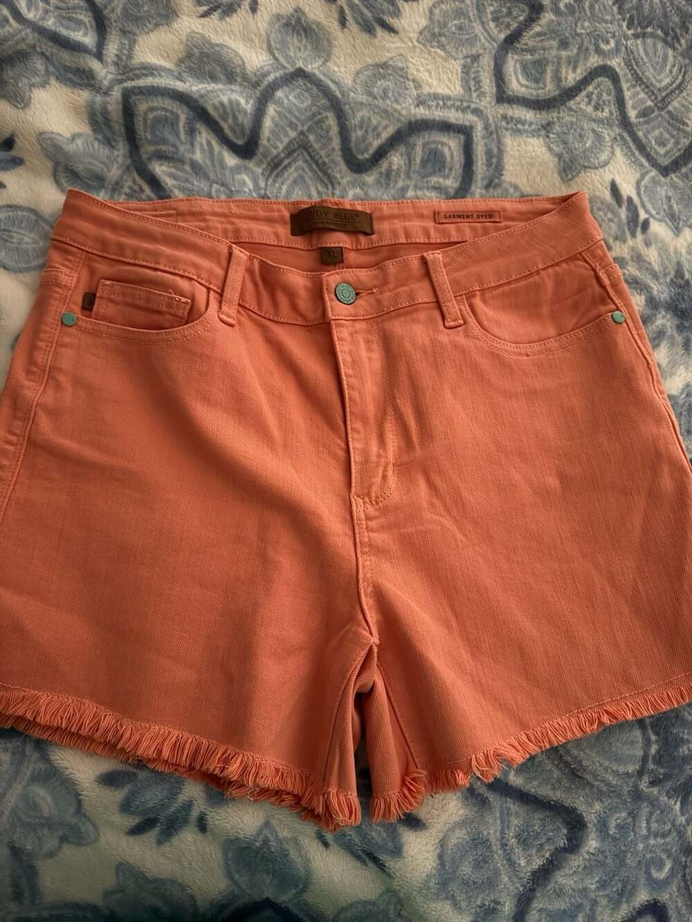 Judy Blue Garment Dyed Peach Orange Fringe Raw Hem Denim Shorts